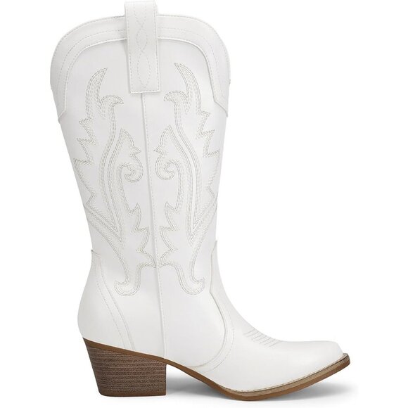 Brand New  Women's White  Leather Chunky Heel Embroidery Stitched Western Boots - Picture 2 of 7